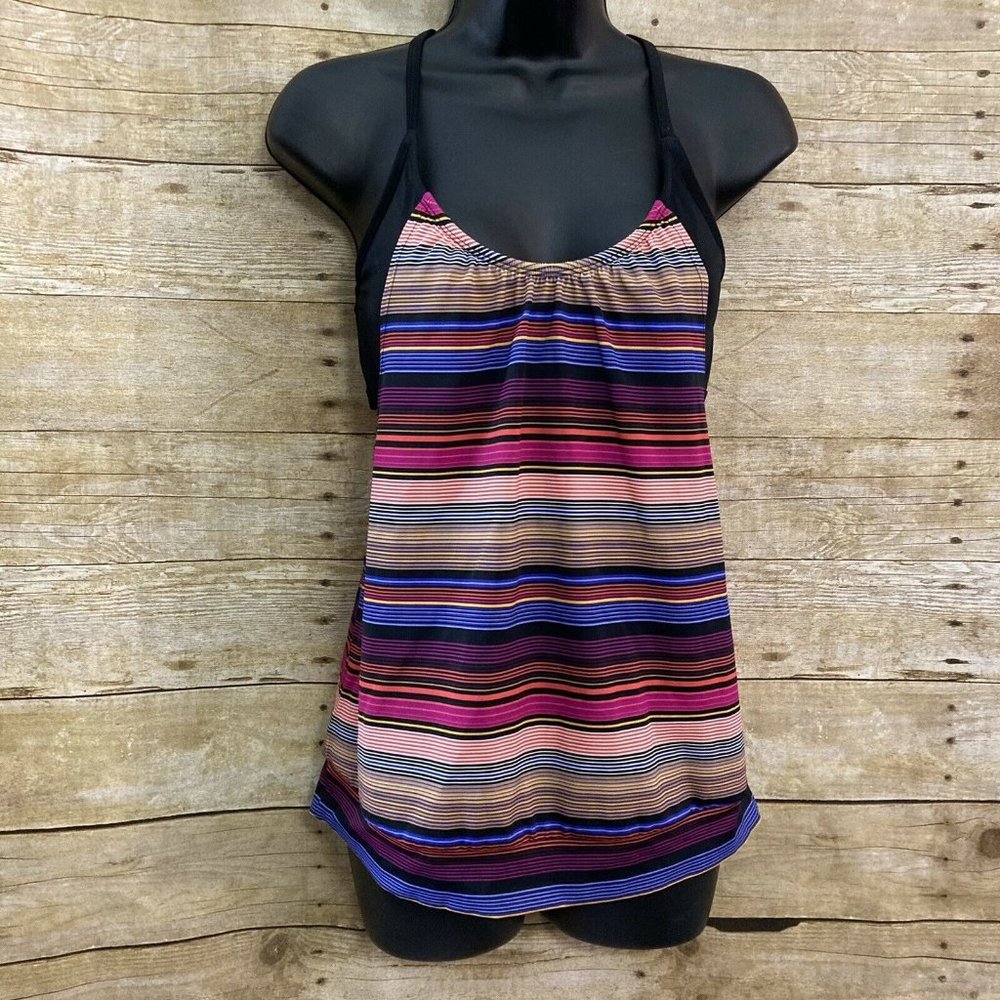 Athleta Capri Stripe Tankini w/Removable Cups Sz 34B/C Blue Purple Blousy